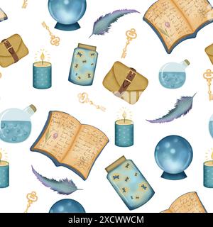 Modèle sans couture avec livres, clés, boule magique. bougies. Motif mignon pour enfants, fond. Design fantaisiste parfait pour ajouter une touche de magie Banque D'Images