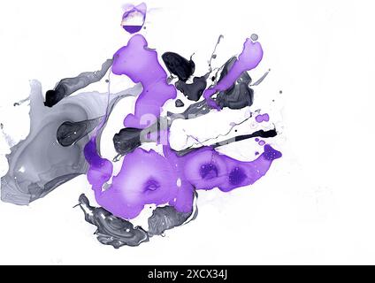 Abstraction de taches colorées renversées sur un fond blanc. Violet, noir et gris. Différentes nuances. Effets de marbre et flou. Taches situées sur le côté gauche de l'arrière-plan. Banque D'Images