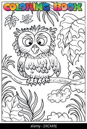 Illustration en noir et blanc d'un joli hibou de dessin animé perché sur une branche, entouré de feuilles, prêt à la coloration. Illustration de Vecteur