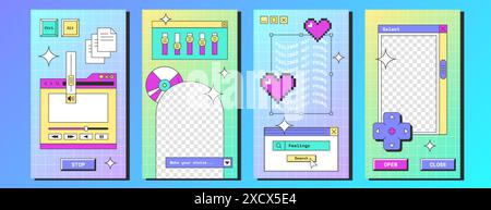 Affiches de médias sociaux vaporwave Y2K avec interface rétro pour ordinateur de bureau avec bouton, lecteur, cadres de message. Modèle d'histoire ou de post avec de vieux écrans de pc avec fenêtre de navigateur, cœur de pixel, autocollants geek Illustration de Vecteur