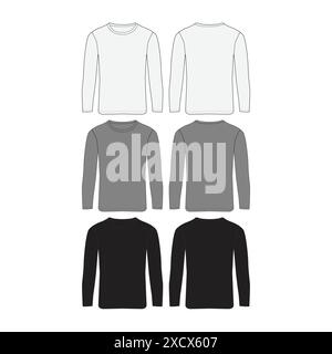 Blanc gris vierge Noir modèle T-shirt manches longues vue avant et arrière Vector Fashion Tee shirt illustration noir T-shirt à manches longues Design Blank B Illustration de Vecteur