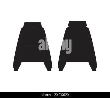 Black Hoodie modèle Hoodie Sweatshirt à manches longues Hoody for Design Mockup Print isolé sur fond blanc Hoodie Technical Sketch vêtements mode Illustration de Vecteur