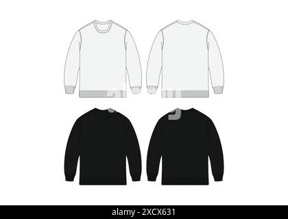 Noir Crewneck Sweatshirt Vector Mockup Streetwear modèle de pull, Casual Winter Wool Crewneck Technical CAD dessin Fashion Flats illustration Illustration de Vecteur