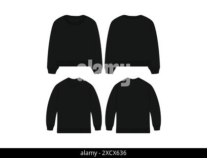 Black Crewneck Sweatshirt Vector Mockup - conception de vêtements de pull Crewneck pour hommes - modèle vectoriel plat pour vêtements d'hiver décontractés Black Crewneck Sweat Illustration de Vecteur