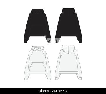 Noir Blanc Sweatshirt Sweater Template Sweatshirt manches longues Fashion Vector Mockup col rond Black Sweater Fashion Flat Sketch dessin technique Illustration de Vecteur