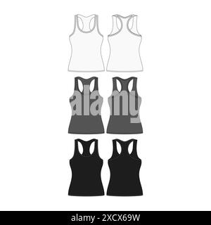 Blank homme femme Tanktop modèle modèle Tanktop modèle Vest femmes Tanktop vêtements dessin avant vue arrière Tank-top illustration de la mode Illustration de Vecteur