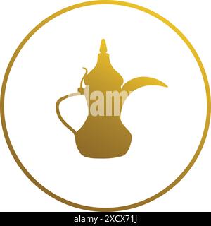 Une illustration d'une icône dorée du finjan, représentant une cafetière arabe traditionnelle avec un design luxueux et élégant Illustration de Vecteur