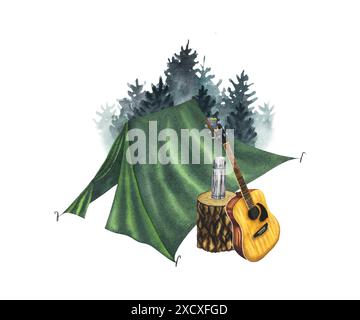 Composition aquarelle avec tente de camping verte, fond de pins forestiers, guitare acoustique, thermos sur un timbre en bois. Illustration dessinée à la main Banque D'Images