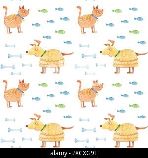 Modèle sans couture pour enfants de chats aquarelle sur un fond blanc. Chat et chien rouges. Illustration dessinée à la main. Fond peint. Motif de tissu Banque D'Images