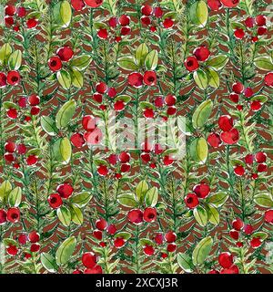 Beau fond botanique d'automne sans couture avec des canneberges, des baies rouges et des fougères. Baies nordiques. Texture dessinée à la main. Utilisation pour impression textile Banque D'Images