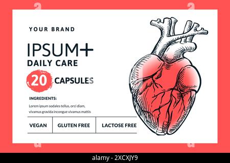 Cardiologie maladie, concept de douleur cardiaque. Paquet de capsules ou de pilules, étiquette, autocollant, modèle de conception de bannière. Vecteur dessiné à la main esquisse d'organe de coeur humain Illustration de Vecteur