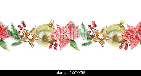 Poinsettia, boule dorée de Noël, biscuits au gingembre, branches de sapin, baies. Bordure transparente. Illustration d'aquarelle dessinée à la main isolée sur blanc. Pour N Banque D'Images