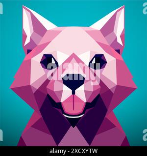 Chien poly bas avec un fond turquoise, animal rose triangulaire, avec un nez noir, poly bas, un portrait de personnage. Art vectoriel, sots art, low poly Illustration de Vecteur