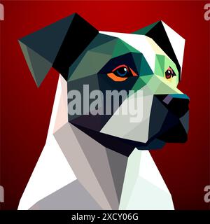 Tête de chien un style polygonal bas sur un fond rouge avec un design géométrique noir et blanc. Art vectoriel, sots art, low poly, cubo-futurisme, autocollant Illustration de Vecteur