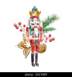 Casse-noisette, branches d'arbre de Noël, baies, biscuits au gingembre. Illustration d'aquarelle dessinée à la main isolée sur fond blanc. Pour les vœux de nouvel an c Banque D'Images