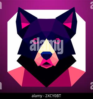 Image géométrique d'une tête de chien dans un cadre carré avec un fond rose et un fond violet. Art vectoriel, sots art, low poly, cubo-futurisme Illustration de Vecteur