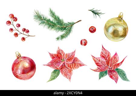 Ensemble de Noël. Poinsettia, boules de Noël, branches de sapin, baies. Illustration d'aquarelle dessinée à la main isolée sur blanc. Pour les cartes du nouvel an, invitatio Banque D'Images