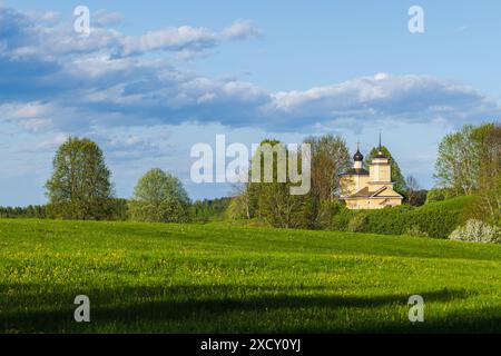 Paysage rural russe avec l'église de Saint George le victorieux à Voronich est en arrière-plan. Trigorskoïe, Pushkinogorsky District de Pskov O Banque D'Images