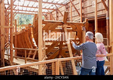 Senior couple visiting a museum, 60-70, San Juan Whaleship replica shipyard, Albaola, Pasaia San Pedro, Gipuzkoa, Basque Country, Spain, Europe Stock Photo