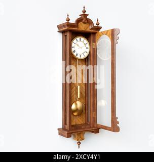 Une horloge de grand-père antique fixée au mur en bois avec des chiffres romains et une porte en verre sur un fond de surface blanche - rendu 3D. Banque D'Images