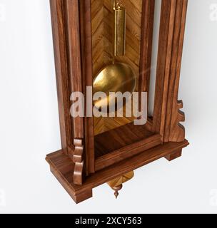 Une horloge de grand-père antique fixée au mur en bois avec des chiffres romains et une porte en verre sur un fond de surface blanche - rendu 3D. Banque D'Images