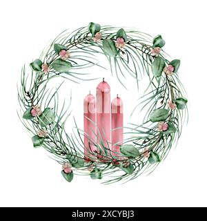 Couronne d'hiver traditionnelle florale avec branches de pin et bougies rouges décoration illustration aquarelle. Cadre de Noël dessiné à la main, carte de voeux templa Banque D'Images