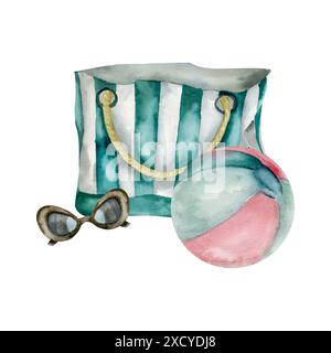 Sac de plage rayé pour femmes d'été avec lunettes de soleil noires et illustration colorée d'aquarelle de boule rétro. Composition de vacances chaude dessinée à la main, se tropicale Banque D'Images