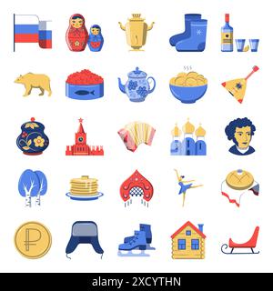 Icône de symboles nationaux russes définie dans un style plat. Nourriture, culture et folklore de la Russie. Illustration vectorielle. Illustration de Vecteur