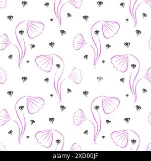 Motif fleurs roses stylisées dessin doodle, feuille de ginkgo avec des coeurs. Design élégant pour la décoration. Illustration vectorielle Illustration de Vecteur