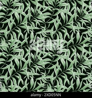 Feuilles tropicales. Branches de laurier vert. Motif sans couture de feuilles d'olivier. Feuillage réaliste Ivy. Illustration aquarelle isolée sur noir Banque D'Images