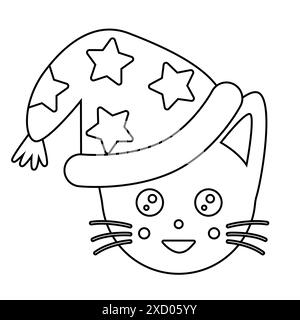 Tête de chat mignonne dans un chapeau magique de sorciers, illustration vectorielle plate de style doodle pour livre de coloriage pour enfants Illustration de Vecteur