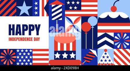 Bannière horizontale du jour de l'indépendance des États-Unis. Fond géométrique du 4 juillet. Drapeau américain, symboles dans les carrés de bloc de couleur. Illustration vectorielle plate. POS Illustration de Vecteur