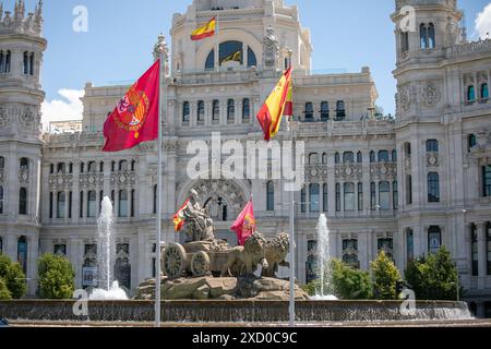 Madrid, Espagne. 19 juin 2024. Les drapeaux de la Maison Royale espagnole flottent sur la Plaza de Cibeles à Madrid. Crédit : D. Canales Carvajal/Alamy Live News Banque D'Images