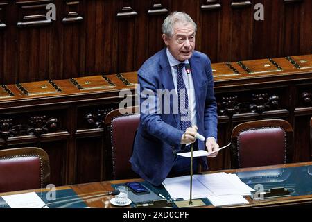 Roma, Italie. 19 juin 2024. Il ministro delle Imprese Adolfo Urso durante il question time alla Camera dei deputati a Roma, Mercoled&#xec;, 19 Giugno 2024 (Foto Roberto Monaldo/LaPresse) Ministre des entreprises Adolfo Urso pendant l'heure des questions à la Chambre des députés de Rome, mercredi 19 juin 2024 (photo de Roberto Monaldo/LaPresse) crédit : LaPresse/Alamy Live News Banque D'Images