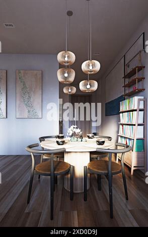 Intérieur élégant de la salle à manger avec table en bois artisanal design, chaises et accessoires élégants dans un décor moderne. rendu 3d. Banque D'Images