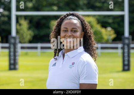 Jade Shekells pose pour la photo lors de l'annonce de l'équipe de Rugby 7s féminin du Team GB Paris 2024 au Weetwood Hall Estate, Leeds. Date de la photo : mercredi 19 juin 2024. Banque D'Images