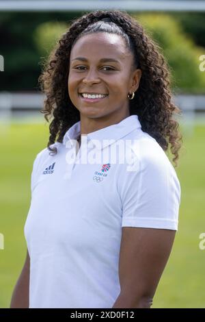 Jade Shekells pose pour la photo lors de l'annonce de l'équipe de Rugby 7s féminin du Team GB Paris 2024 au Weetwood Hall Estate, Leeds. Date de la photo : mercredi 19 juin 2024. Banque D'Images