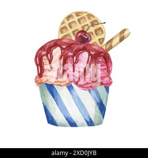 Crème glacée sundae dans le gobelet en papier rayé avec sirop de baies rouges, gaufres et garnitures de cerises maraschino. Illustration aquarelle dessert pour les conceptions culinaires, menu, foire d'été. Clipart dessiné à la main Banque D'Images