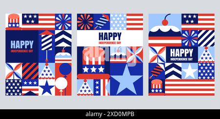 Ensemble de bannière de vacances, affiche ou cartes de voeux pour le jour de l'indépendance des États-Unis. 4 juillet fond géométrique simple. Drapeau américain, symboles dans le bloc de couleur s. Illustration de Vecteur