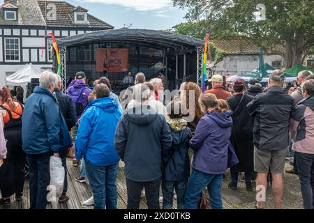 15 juin 2024. Rock the Pier à Hythe près de Southampton, Hampshire, Angleterre, Royaume-Uni, un festival de musique live local populaire. L’événement annuel gratuit était organisé par la Hythe Pier Heritage Association (HPHA). Photo : Mike et les Mojitos se produisant sur scène. Banque D'Images