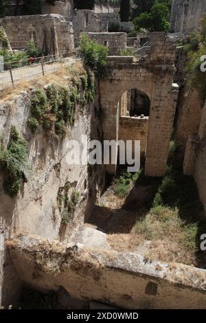 Mur plâtré gauche de la piscine de Bethesda avec Hyssop sur elle où Jésus Christ a guéri un homme handicapé et les ruines d'une église byzantine, Jérusalem Israël Banque D'Images