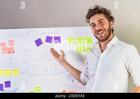 Un homme présentant un plan d'affaires sur un tableau blanc rempli de post-it colorés. Idéal pour le contenu sur les affaires, la stratégie et la motivation prés Banque D'Images