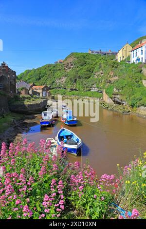 Bateaux de pêche amarrés à Staithes Beck, Staithes, North Yorkshire, North York Moors National Park, Angleterre, Royaume-Uni. Banque D'Images