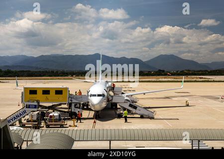 Transavia avion de passagers à l'aéroport de Gérone, Catalogne, Espagne, Banque D'Images