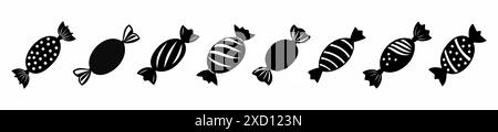 Ensemble de silhouettes noires de bonbons enveloppés dans un emballage. Isolé sur fond blanc. Icônes de friandise sucrée dans un style minimaliste. Concept de confiserie Illustration de Vecteur