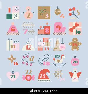 Calendrier de l'Avent de Noël avec des illustrations plates simples, des chiffres. Mignon Pinky rétro éléments vectoriels d'hiver pour la tradition drôle. Illustration de Vecteur