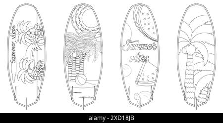 Un ensemble d'illustrations vectorielles sur le thème de l'été avec des planches de surf aux motifs vibrants, parfait pour ajouter une ambiance tropicale à vos projets. Illustration de Vecteur