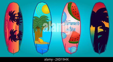 Illustration vectorielle lumineuse et vibrante avec quatre planches de surf avec des motifs sur le thème de l'été, parfait pour les amoureux de la plage et de l'océan. Illustration de Vecteur