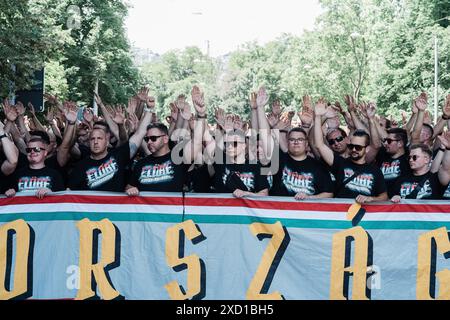 Stuttgart, Stuttgart. 19 juin 2024. Dans une démonstration d'unité et de passion pour le football, les supporters allemands et hongrois se sont réunis à Stuttgart le 19 juin 2024 pour soutenir leurs équipes dans le match de l'UEFA EURO 2024. Les drapeaux allemands et hongrois ont été tenus en hauteur tandis que les fans des deux côtés chantaient et chantaient, créant une scène vibrante et festive. (Photo de Ralph Pache/PRESSCOV/SIPA USA) crédit : SIPA USA/Alamy Live News Banque D'Images