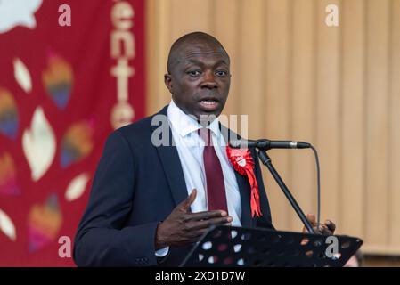 Belle vue Baptist Church, Southend on Sea, Essex, Royaume-Uni. 19 juin 2024. Les principaux candidats se présentant pour la circonscription se sont réunis aux Hustings pour présenter leurs manifestes et répondre aux questions du public. Cette circonscription et ses limites antérieures de Southend East sont conservatrices depuis sa formation en 1950. 2024 candidats incluent Bayo Alaba qui est un ancien soldat du Parachute Regiment et a effectué un saut en parachute lors des récentes commémorations de l'anniversaire du jour J en Normandie Banque D'Images